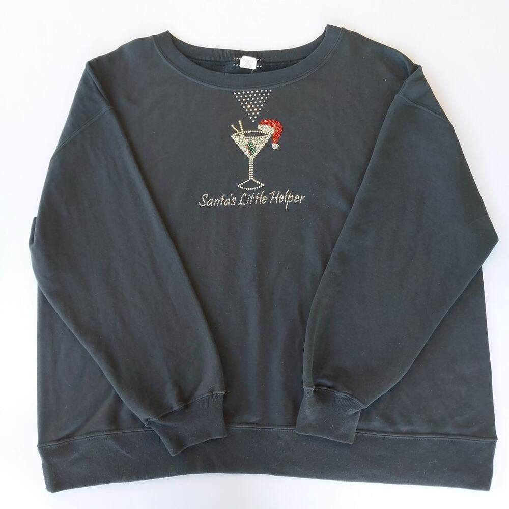 Vtg Santa's Little Helper‎ Martini Rhinestone Ugly Sweater Black Women XL